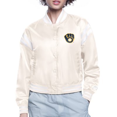  Milwaukee Brewers Starter Women's Printed Logo Cropped Satin Varsity Full-Snap Jacket - Cream