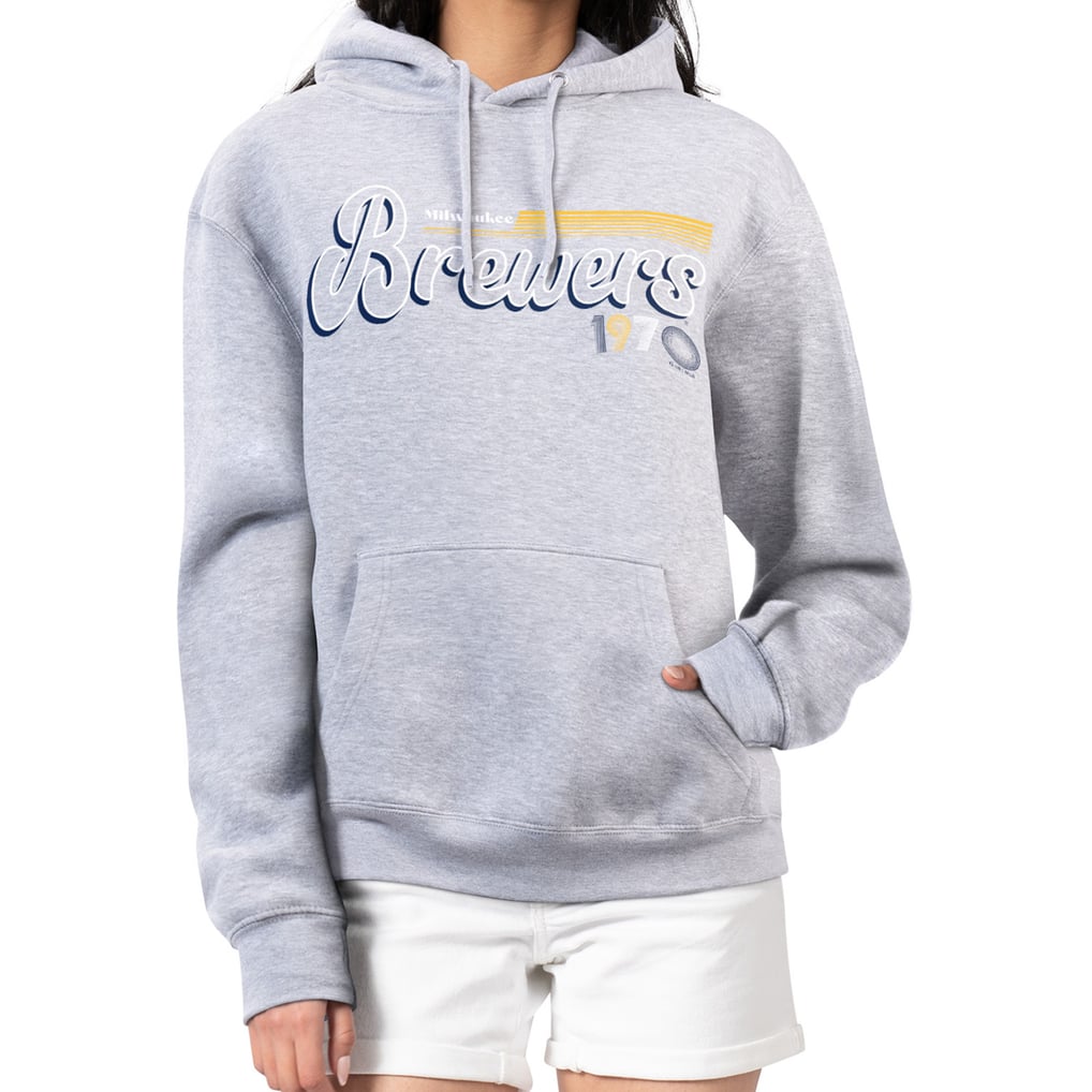 Milwaukee Brewers Starter Women's Groovy Script Team Fleece Pullover Hoodie - Gray