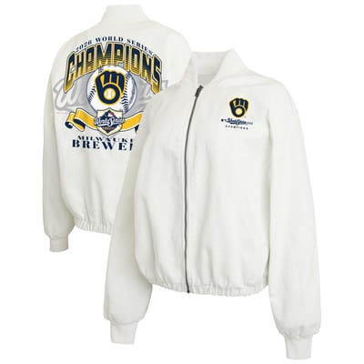 Milwaukee Brewers WEAR by Erin Andrews Women's 2026 World Series Champions Denim Bomber Full-Zip Jacket - White