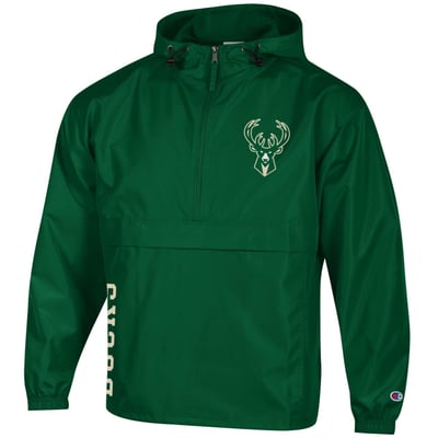  Milwaukee Bucks Champion Packable Lightweight Hooded Windbreaker Half-Zip Jacket - Hunter Green