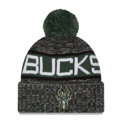 Milwaukee Bucks New Era Tri-Color Cuffed Knit Hat with Pom - Hunter Green/Heather Gray