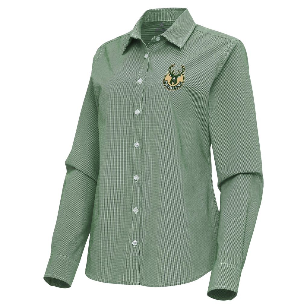 women's hunter green dress shirt Antigua Milwaukee Bucks Porter Woven Long Sleeve Button-Up Size: 2XL primary-color:Blue