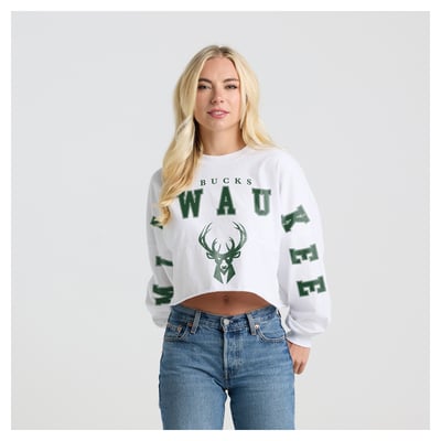 Milwaukee Bucks Fanatics Women's Spirit Jersey Cropped Long Sleeve T-Shirt - White