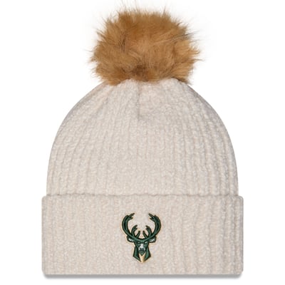 Milwaukee Bucks New Era Women's Chrome Cuff Knit Hat with Pom - Cream