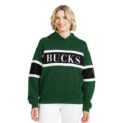  Milwaukee Bucks WEAR by Erin Andrews Women's Stripe Pullover Hoodie - Hunter Green