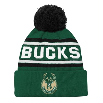 Milwaukee Bucks Youth Backboard Jacquard Cuffed Knit Hat with Pom - Hunter Green