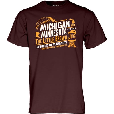 Minnesota Golden Gophers vs. Michigan Wolverines Blue 84 Unisex 2026 Little Brown Jug Score T-Shirt - Maroon