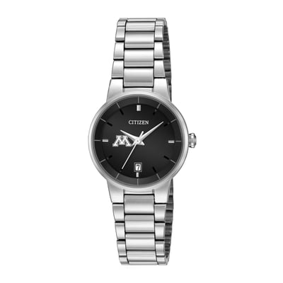 Minnesota Golden Gophers Citizen Watch Women's Black Dial Stainless Steel Watch - Silver