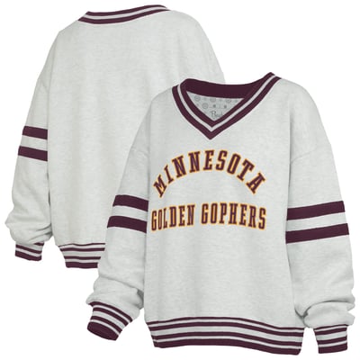 Minnesota Golden Gophers Pressbox Women's Tackle Twill Oates V-Neck Sweatshirt - Heather Gray/Maroon