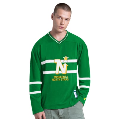Minnesota North Stars Starter Vintage Hockey Line Up Long Sleeve V-Neck T-Shirt - Kelly Green