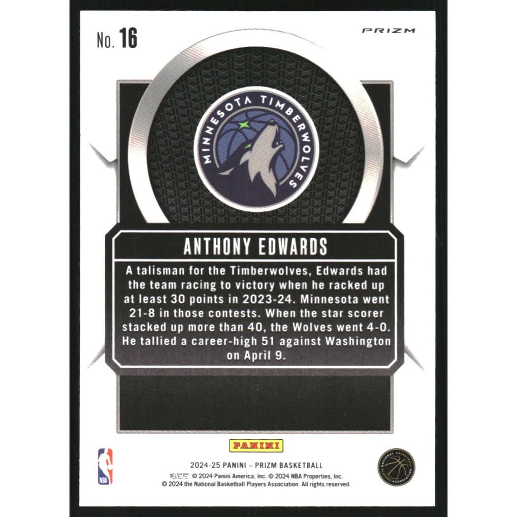 2024-25 Panini Prizm Talismen Prizms Silver #16 Anthony Edwards