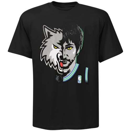 Archived Majestic Ricky Rubio Minnesota Timberwolves Game Face shirt combining Rubio's face with the Timberwolves wolf