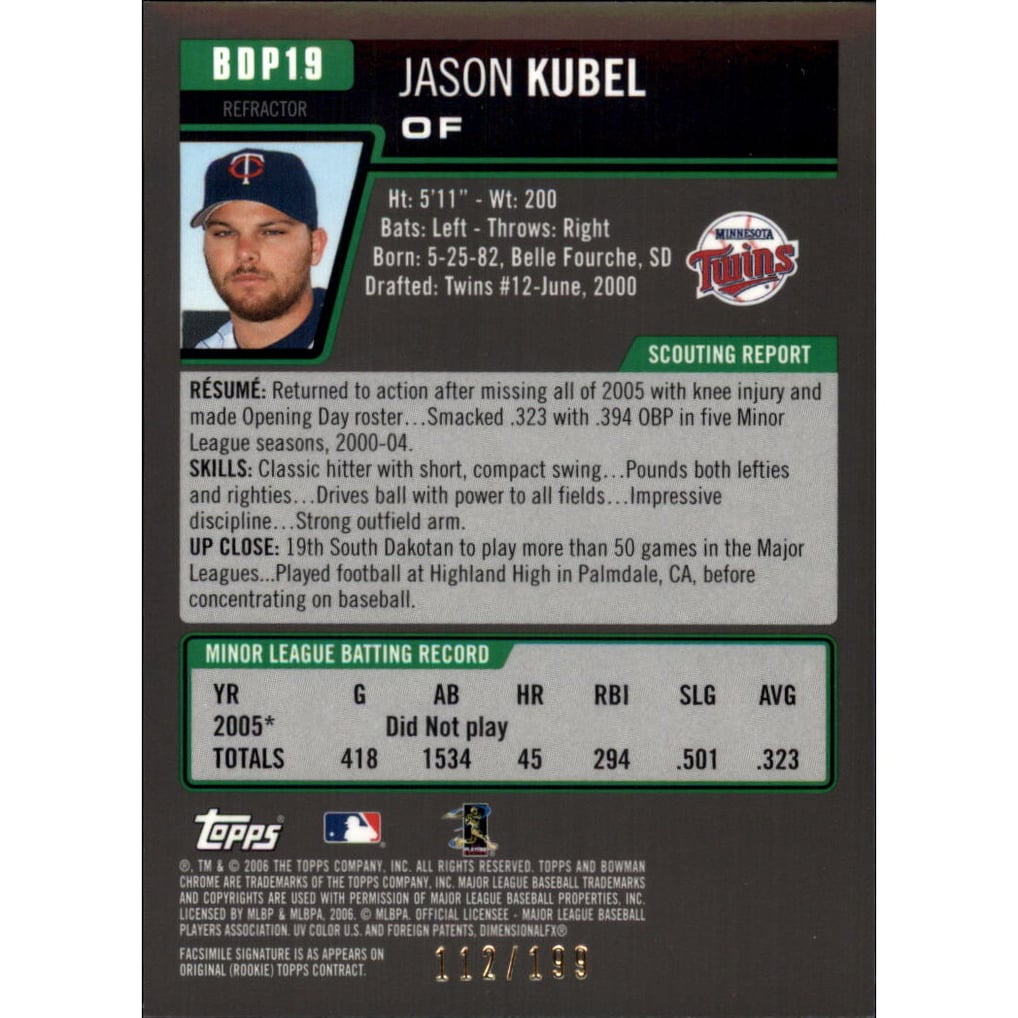 2006 Bowman Chrome Draft Blue Refractors #19 Jason Kubel
