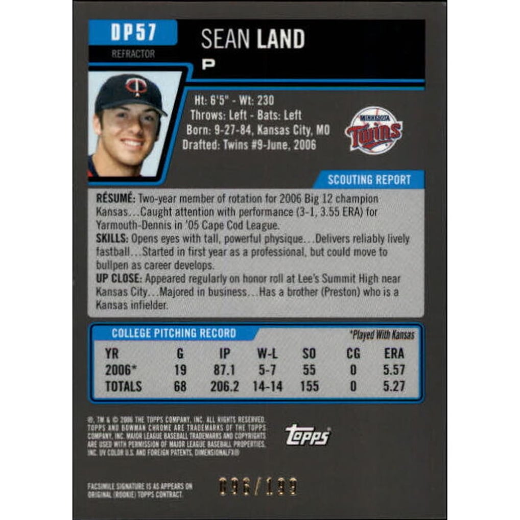 2006 Bowman Chrome Draft Draft Picks Blue Refractors #57 Sean Land