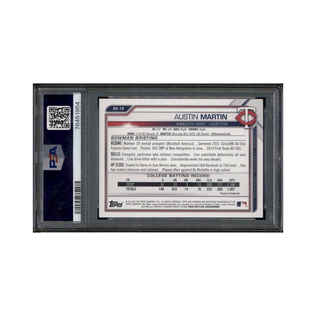 2021 Bowman Draft 1st Edition Orange Foil #BD19 Austin Martin /25 PSA 7