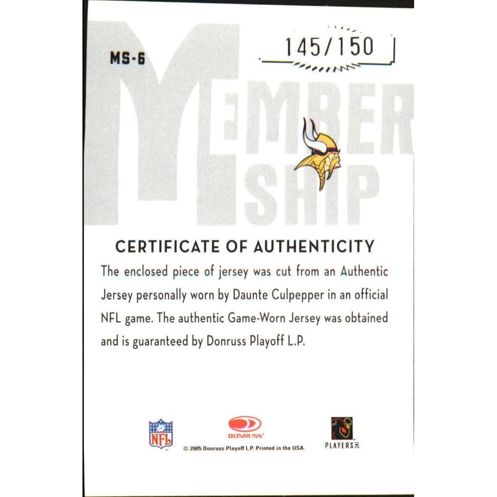 2005 Donruss Classics Membership VIP Jerseys #MS6 Daunte Culpepper