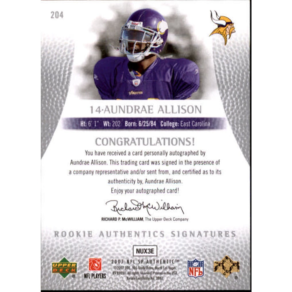 2007 SP Authentic #204 Aundrae Allison AU RC