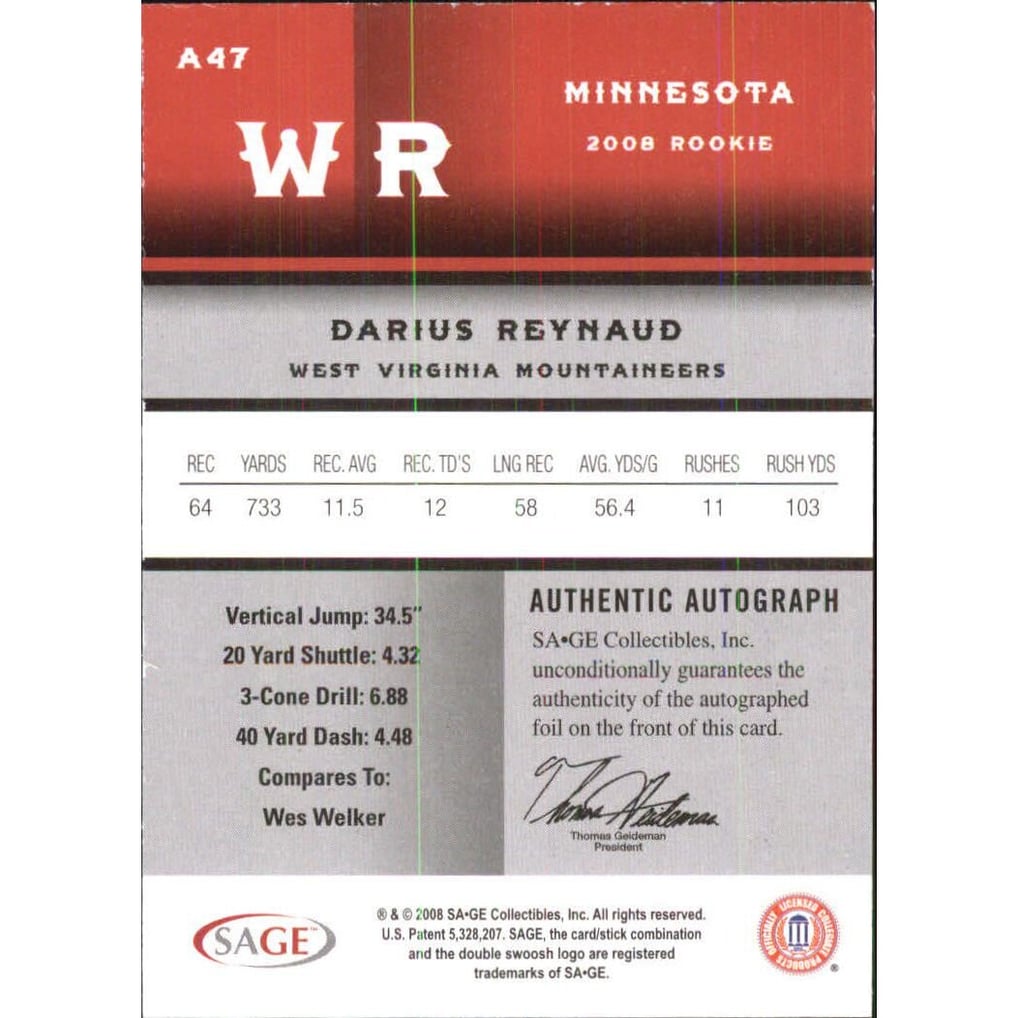 2008 SAGE Autographs Silver #A47 Darius Reynaud