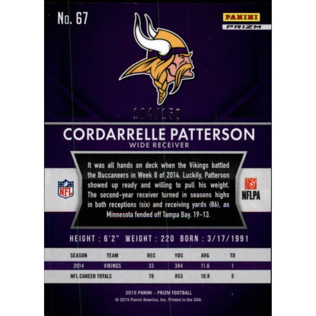 2015 Panini Prizm Prizms Light Blue Wave #67 Cordarrelle Patterson