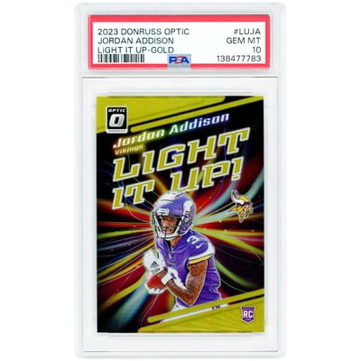 Jordan Addison Minnesota Vikings 2023 Panini Donruss Optic Light it Up Gold Prizm #LU-JA #10/10 PSA Authenticated 10 Rookie Card