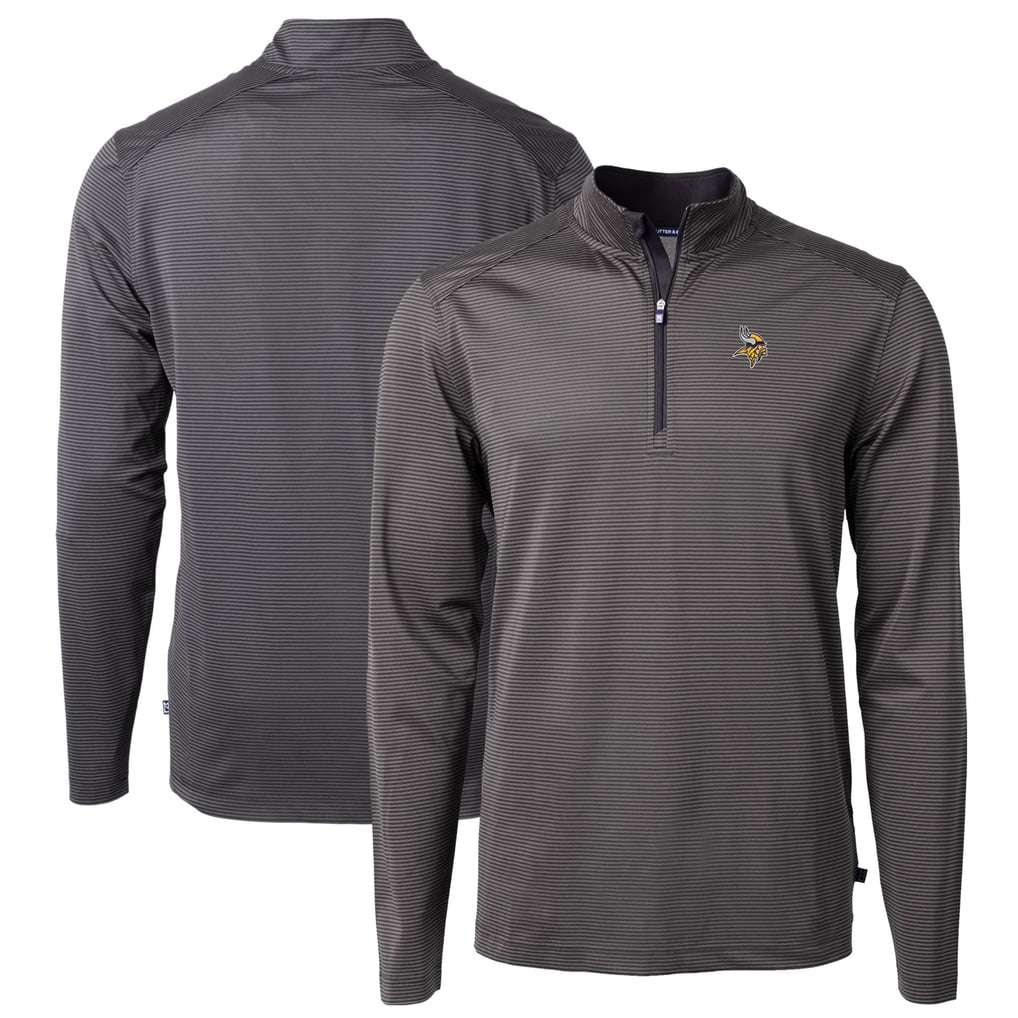 Minnesota Vikings Cutter & Buck Virtue Eco Pique Micro Stripe Recycled Quarter-Zip Pullover Top - Black/Gray
