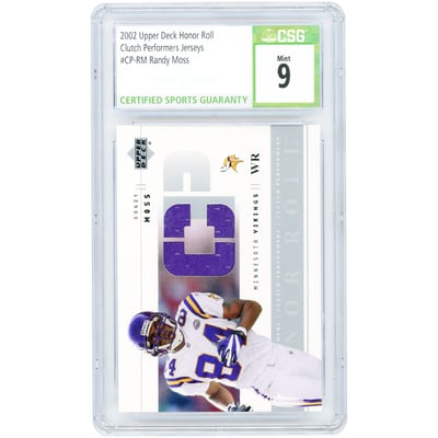 Randy Moss Minnesota Vikings 2002 Upper Deck Honor Roll Clutch Performers Jersey Relic #CP-RM CGC Authenticated 9 Card - 9.5,9.5,9,9.5 Subgrades