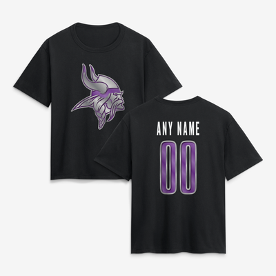 Minnesota Vikings Women's Metallic Mascot Personalized Name & Number T-Shirt - Black