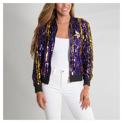  Minnesota Vikings FABGATING by Cuce Women's Slim Fit Sequin Striped Full-Zip Bomber Jacket - Purple