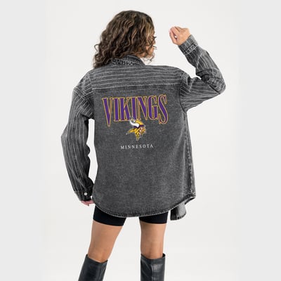  Minnesota Vikings Gameday Couture Women's End Zone Energy Rhinestone Washed Full-Snap Denim Overshirt - Black