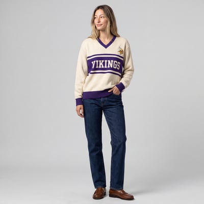 Minnesota Vikings Mitchell & Ness Women's Retro Roots V-Neck Sweater - Cream/Purple