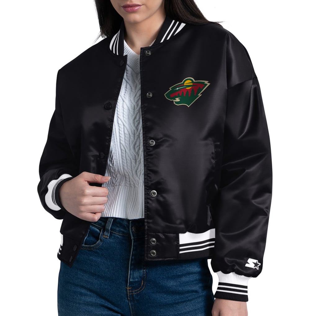 Minnesota Wild Starter Women's Arch Stripe Satin Full-Snap Varsity Jacket - Black