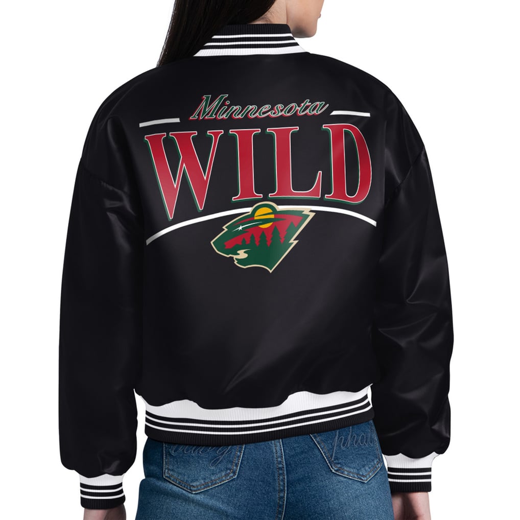  Minnesota Wild Starter Women's Arch Stripe Satin Full-Snap Varsity Jacket - Black