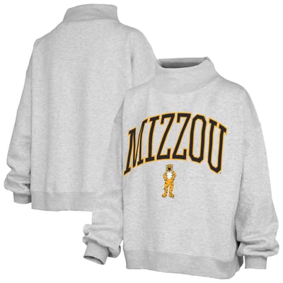  Missouri Tigers Pressbox Women's Oversized Slogan Fleece Mock Neck Sweatshirt - Ash