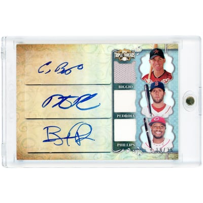 Craig Biggio, Dustin Pedroia & Brandon Phillips Autographed 2013 Topps Triple Threads Combo Triple Game Used Dual-Color Jersey Relics #TTARC-BPP #19/36 Card