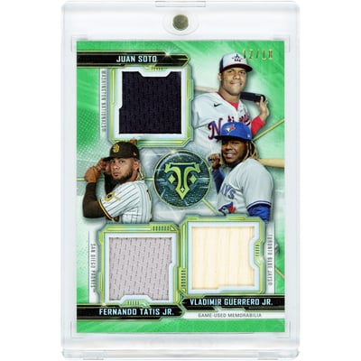 Juan Soto, Fernando Tatis Jr. & Vladimir Guerrero Jr. 2020 Topps Triple Threads Triple Game Used Bat & Jersey Relics #RCC-STG #12/18 Card