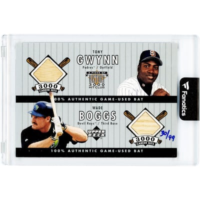 Tony Gwynn & Wade Boggs 2000 Upper Deck A Piece of History 3000 Hit Club Dual Game Used Bat Relics #TG-WB #30/99 Card