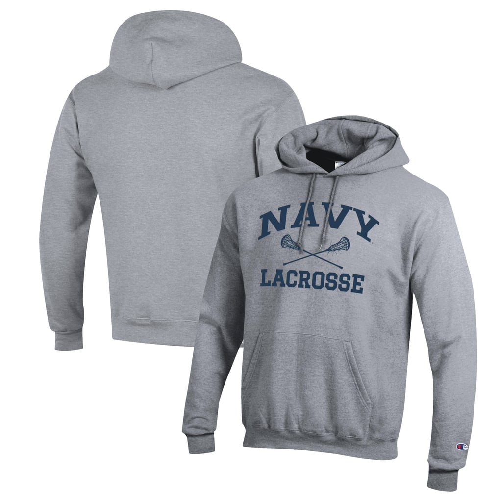 Navy Midshipmen Champion Lacrosse Icon Powerblend Pullover Hoodie - Heather Gray