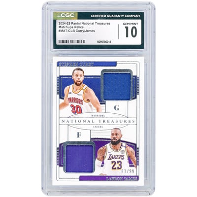 Stephen Curry & LeBron James 2024-25 Panini National Treasures Matchups Dual Game Used Dual-Color Relics #MAT-CLB #61/99 CGC Authenticated 10 Card 