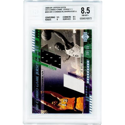 Wilt Chamberlain & Bill Russell 2000-01 Upper Deck UD Combo Game Used Jersey Relics #WCBR #28/50 BGS Authenticated 8.5 Card
