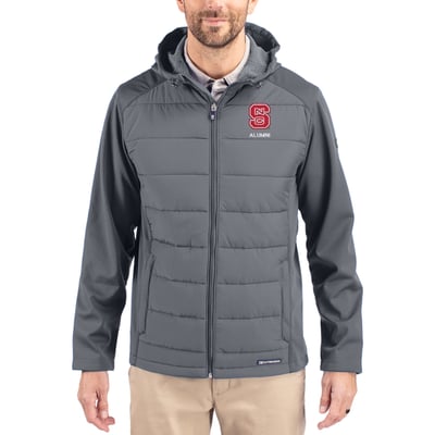 NC State Wolfpack Cutter & Buck Evoke Hybrid Eco Softshell Recycled Full Zip Hooded Jacket - Gray