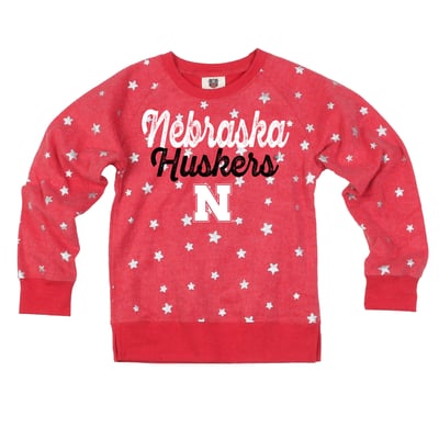 Nebraska Huskers Wes & Willy Girls Youth Shimmer Star Reverse Fleece Sweatshirt - Scarlet