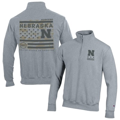  Nebraska Huskers Champion Operation Hat Trick Flag Powerblend Fleece Quarter-Zip Pullover - Heather Gray