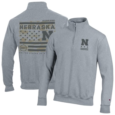  Nebraska Huskers Champion Operation Hat Trick Flag Powerblend Fleece Quarter-Zip Pullover - Heather Gray