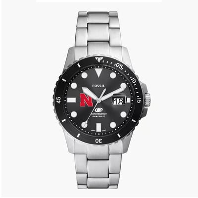 Nebraska Huskers Fossil Blue Dive Three-Hand Date Stainless Steel Watch - Silver