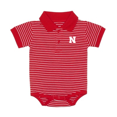  Nebraska Huskers Two Feet Ahead Newborn Stripe Jesey Golf Polo Bodysuit - Scarlet