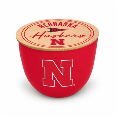 Nebraska Huskers Pegasus Script Circle Wood Top 16oz. Ceramic Candle