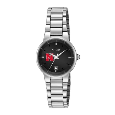 Nebraska Huskers Citizen Watch Women's Black Dial Stainless Steel Watch - Silver