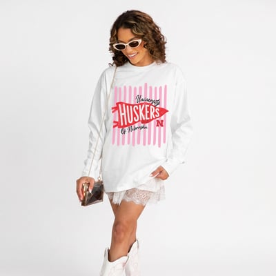 Nebraska Huskers Gameday Couture Women's Rally Stripe Oversized Long Sleeve T-Shirt - White