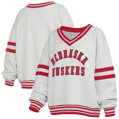 Nebraska Huskers Pressbox Women's Tackle Twill Oates V-Neck Sweatshirt - Heather Gray/Scarlet