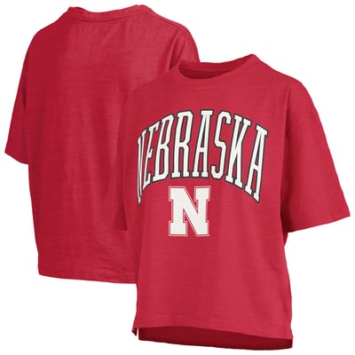 Nebraska Huskers Pressbox Women's Oversized Nelson Arch Over Logo Slub T-Shirt - Scarlet